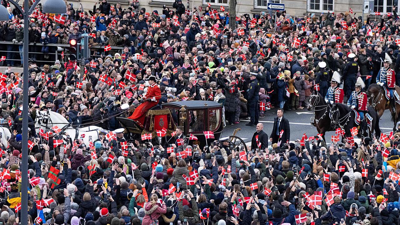 Queen Margrethe II of Denmark rides in a carriage escorted by the Guard Hussar Regiment's Mounted Squadron from Amalienborg Castle to Christiansborg Castle for her proclamation of abdication. Picture: Claus Bech/Ritzau Scanpix/AFP