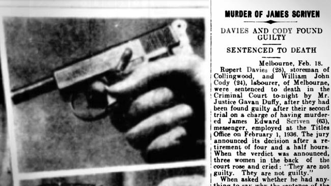 A police demonstration of the gun used to shoot James Scriven, and a 1937 news article about the death sentence handed to Davies and Cody. Pictures: Trove