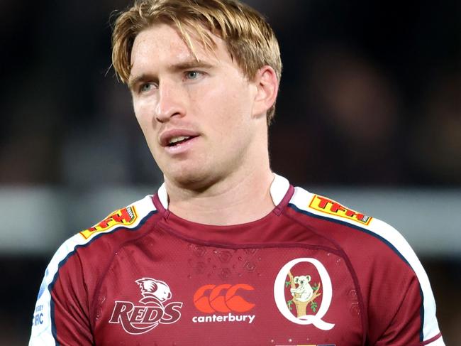 HAMILTON, NEW ZEALAND - JUNE 07: Tate McDermott of the Reds looks on during the Super Rugby Pacific Quarter Final match between Chiefs and Queensland Reds at FMG Stadium Waikato, on June 07, 2024, in Hamilton, New Zealand. (Photo by Michael Bradley/Getty Images)