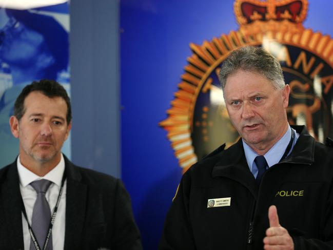 Detective Acting Inspector Craig Fox, left, and Commander Brett Smith during a press conference at Launceston. Picture: CHRIS KIDD