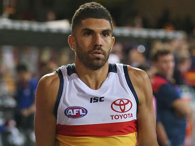 BRISBANE, AUSTRALIA - MAY 20:  Curtly Hampton of the Crows leaves the field injured during the round nine AFL match between the Brisbane Lions and the Adelaide Crows at The Gabba on May 20, 2017 in Brisbane, Australia.  (Photo by Scott Barbour/Getty Images)