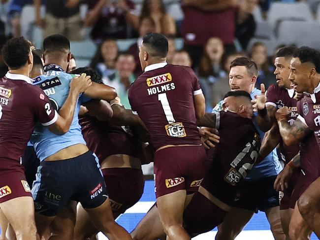 Fight during Game 2 of the State of Origin series between the NSW Blues and Queensland Maroons at ANZ Stadium. Picture. Phil Hillyard