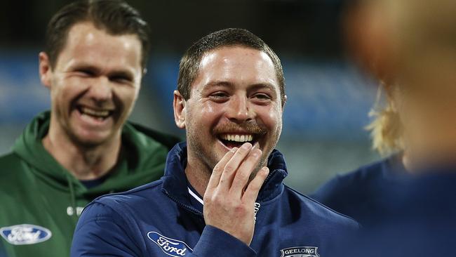 Jack Steven and Patrick Dangerfield share a laugh before his Geelong debut against Carlton.