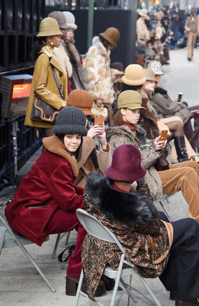 Kendall Jenner sits on the runway for the Marc Jacobs Fall 2017 Show at Park Avenue Armory on February 16, 2017 in New York City. Picture: Getty