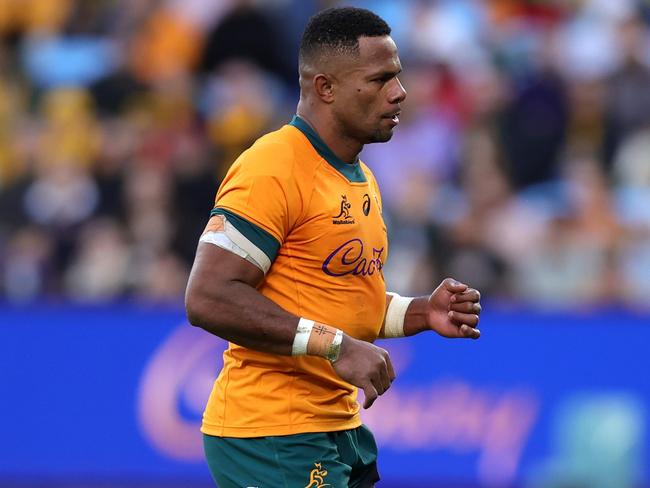 SYDNEY, AUSTRALIA - JULY 20: Filipo Daugunu of Australia leaves the field after being issues a yellow card during the International Test Match between Australia Wallabies and Georgia at Allianz Stadium on July 20, 2024 in Sydney, Australia. (Photo by Jason McCawley/Getty Images)