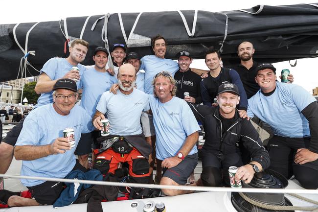 Alive skipper Duncan Hine with his crew as Alive claimed line honours in the 2020 Launceston to Hobart yacht race. Picture: Zak Simmonds