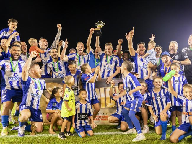 Hellenic celebrate their Men's Premier League grand final win, 1-0. Picture: Daniel Abrantes.