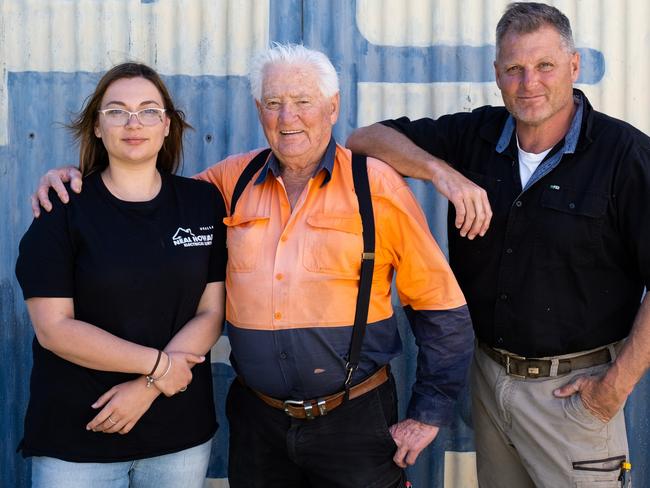 Three generations of the Howard family – Danika, Neal and Wayne Howard – work at Neal Howard’s Electrical Service in Uralla, south of Armidale. Picture: Simon Scott