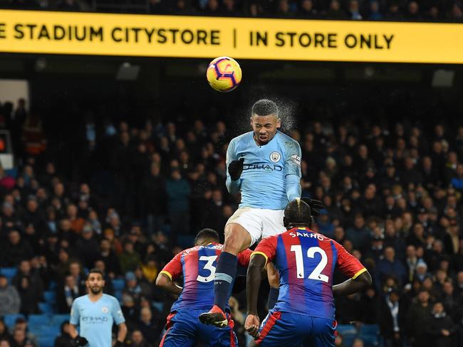 Manchester City's Brazilian striker Gabriel Jesus heads the ball over the bar in a late chance during the English Premier League football match between Manchester City and Crystal Palace. Picture: Paul Ellis/AFP.