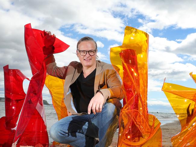 SWELL festival 2020 is going ahead in September. Sculptor Clayton Blake with a selection of his Thermo Forms at Currumbin beach. Picture Glenn Hampson