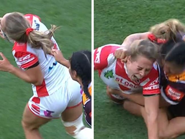 The hair pull and subsequent tackle that left Kelly on the ground.