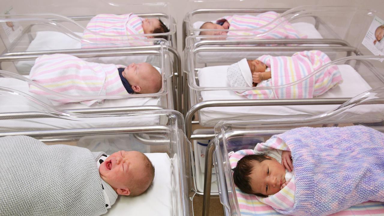 Australia’s birthrate hit a record low in 2020, unlike in 2017 when these babies were born at Campbeltown Hospital in NSW. Picture: AAP Image