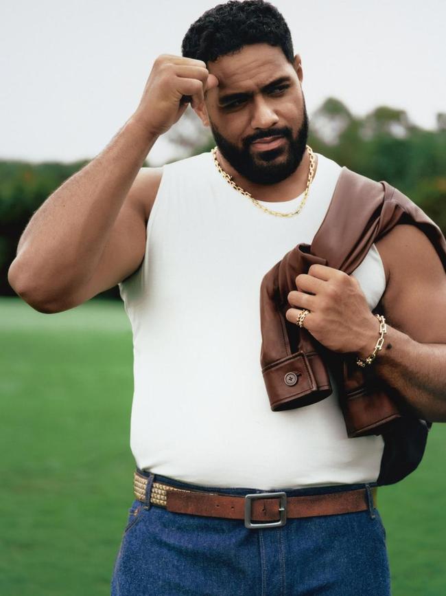 Mailata wears tank top, lambskin jacket, both by Emporio Armani; vintage jeans, by Levi’s, from Route 66; vintage belt, stylist’s own; yellow gold and diamond Tiffany HardWear necklace, ring, yellow gold Tiffany HardWear bracelet, and ring, by Tiffany & Co.