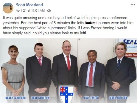 On his public Facebook page, Mr Moerland has defended Senator Anning from white supremacist allegations.