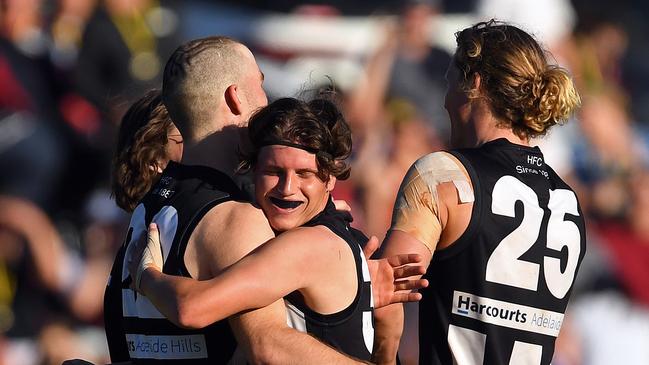 22/09/18 - Hills Football League Division 1 grand final. Hahndorf v Uraidla at Lobethal Oval. Hahndorf players celebrate their win.Picture: Tom Huntley