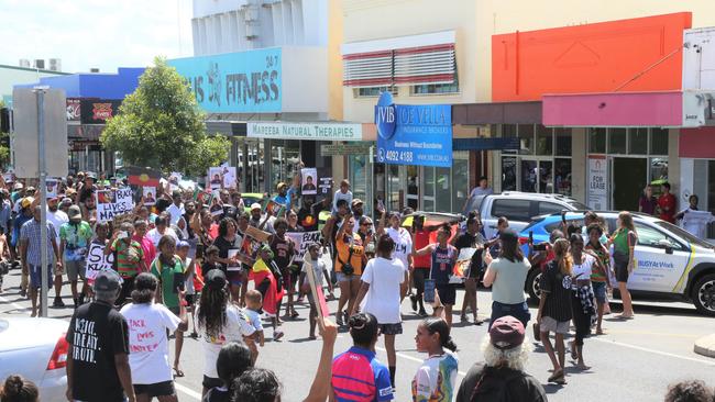 Indigenous protesters march through the streets of Mareeba in response to Aubrey Donahue being shot by police on Saturday, March 25. Picture: Peter Carruthers