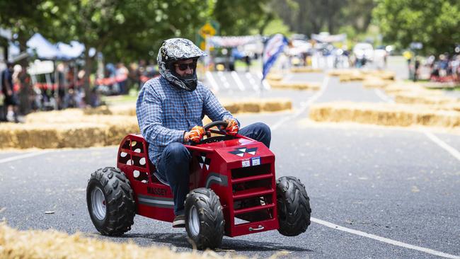 Josh Darr gets his Massey-Fergie kart on two wheels on the final corner in the Greenmount Billy Kart Challenge, Saturday, November 23, 2024. Picture: Kevin Farmer