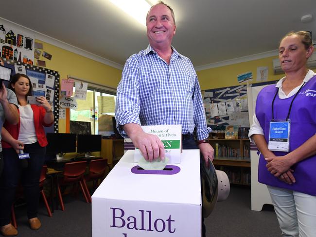 Barnaby Joyce votes at the by-election. Picture: AAP Image/Tracey Nearmy