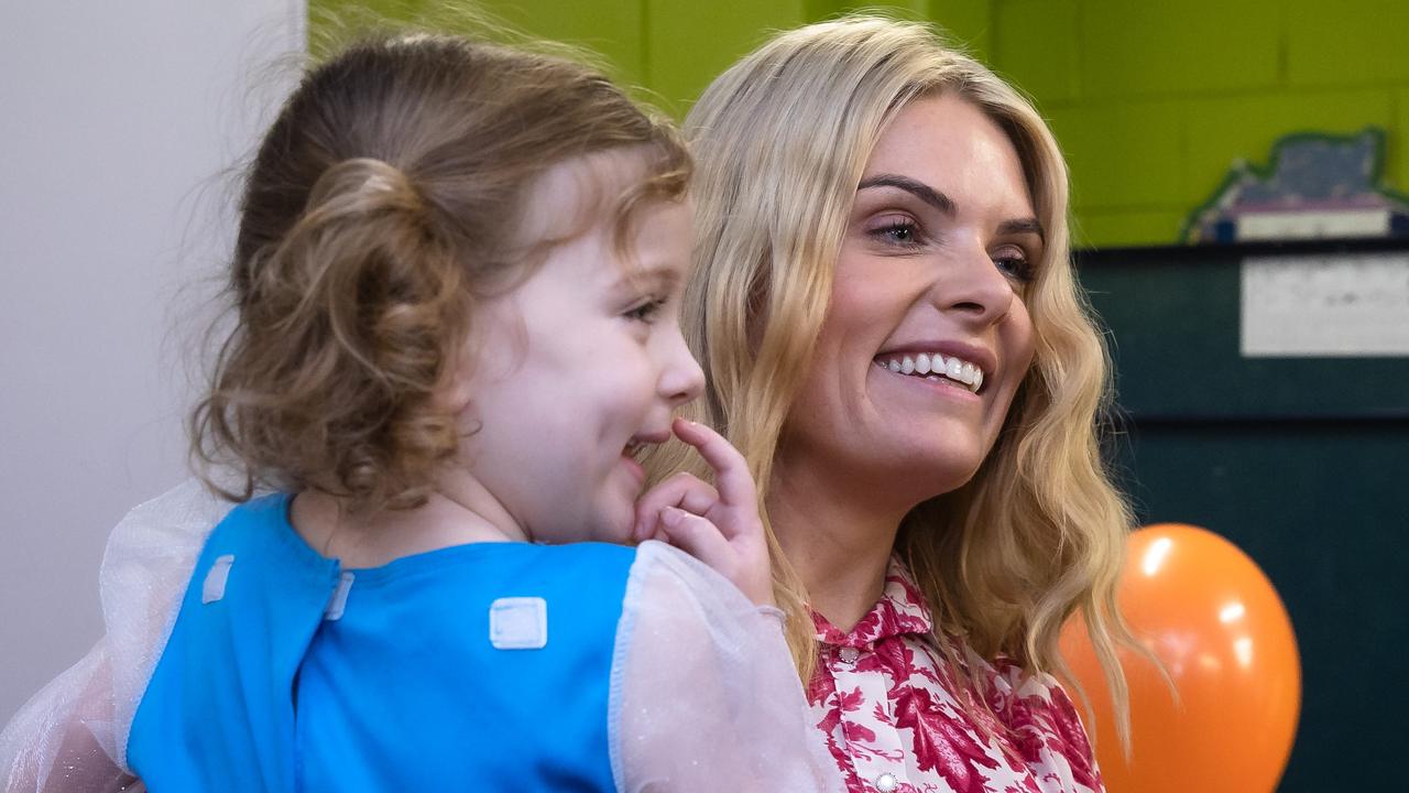 Erin Molan and daughter Eliza, 3, at an event on the federal election campaign earlier this month. Picture: Jason Edwards