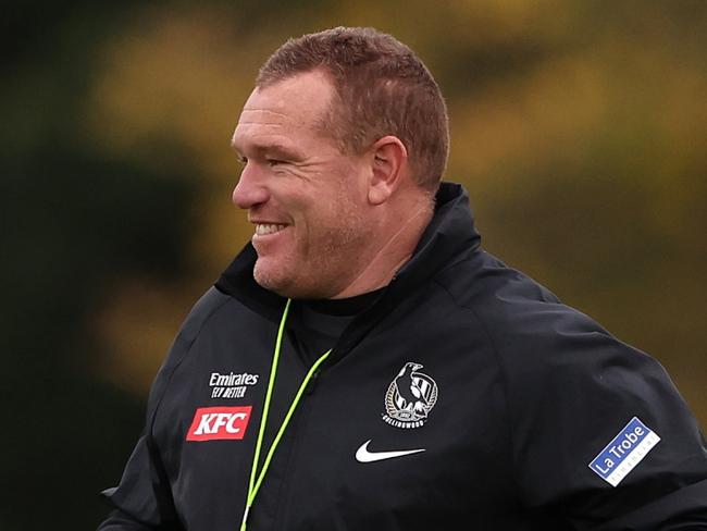 MELBOURNE, AUSTRALIA - MAY 31: Assistant coaches, Brendon Bolton and Justin Leppitsch look on during a Collingwood Magpies AFL training session at Olympic Park Oval on May 31, 2023 in Melbourne, Australia. (Photo by Robert Cianflone/Getty Images)