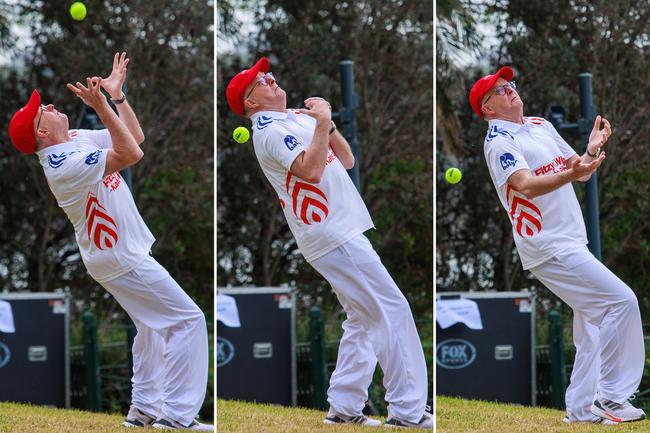 Prime Minister Anthony Albanese drops a catch during Fitzy and Wippa's backyard charity cricket match at Kirribilli House. Picture: Justin Lloyd