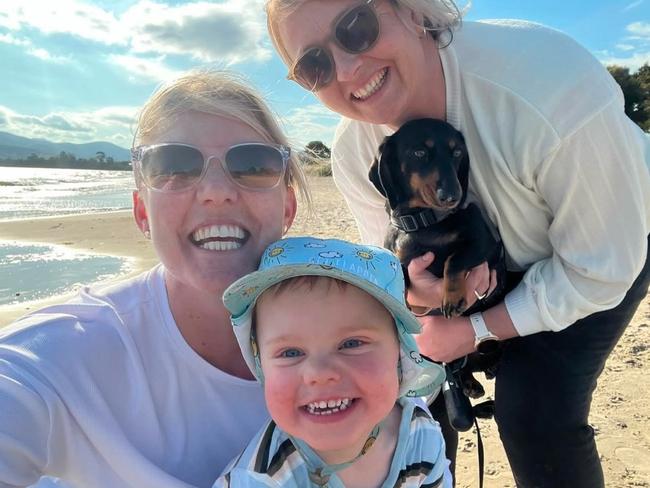 Kristen and Salliann Beams with their son Billy and dog Jeff. Picture: Supplied