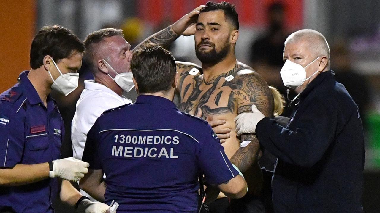 Andrew Fifita was in serious distress after the game. Picture: Darren England/AAP