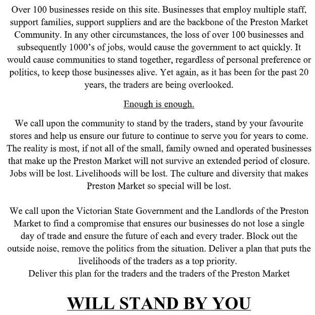 A copy of the open letter, signed by 102 Preston market business owners.