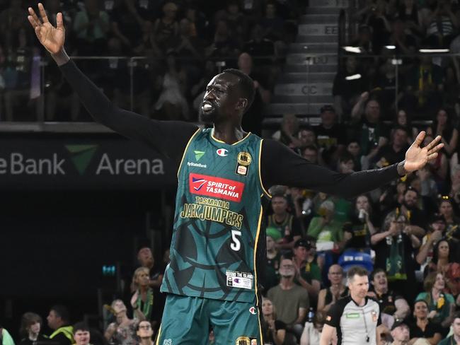 HOBART, AUSTRALIA - JANUARY 10: Majok Deng of the Jackjumpers pumps up the crowd during the round 16 NBL match between Tasmania Jackjumpers and Adelaide 36ers at MyState Bank Arena, on January 10, 2025, in Hobart, Australia. (Photo by Simon Sturzaker/Getty Images)