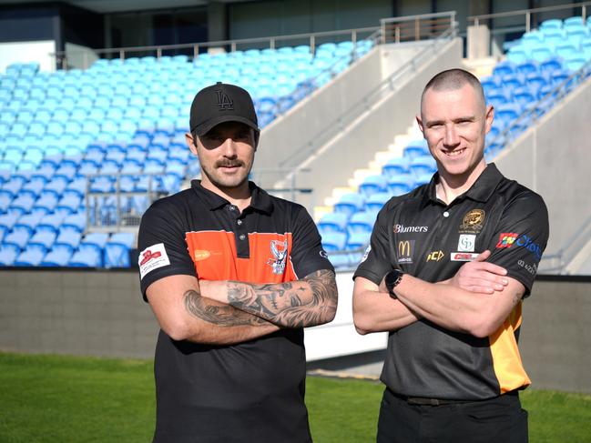 New Norfolk defender Jordan Eiszele and Hobart captain Tom Channell ahead of their SFL Community League game in round 4. Picture: AFL Tasmania.