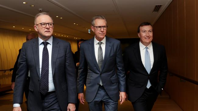 BCA Dinner arrivals (L-R) Prime Minister Anthony Albanese, President BCA Geoff Culbert and CEO BCA Bran Black. Jane Dempster/The Australian.