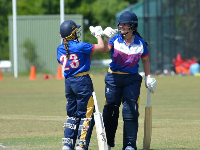 Sophie Clune and Kate McTaggart batting for the New Coasters. 2024 women's under-19s country championships final between New Coasters and South West at Wiigulga Sporting Complex, Woolgoolga. Picture: Leigh Jensen