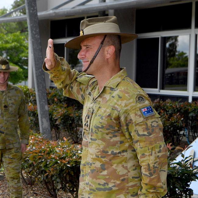 Outgoing commander of 3rd Brigade Brigadier Kahlil Fegan during a handover ceremony at Lavarack Barracks. Picture: Evan Morgan