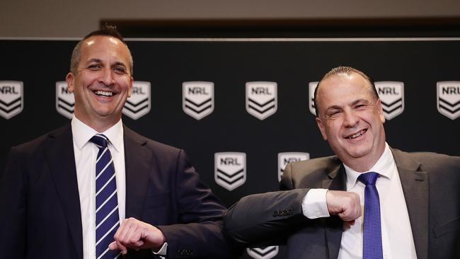 NRL CEO Andrew Abdo and commission chairman Peter V'landys will meet the Gold Coast Titans on Wednesday. Picture: Mark Metcalfe/Getty