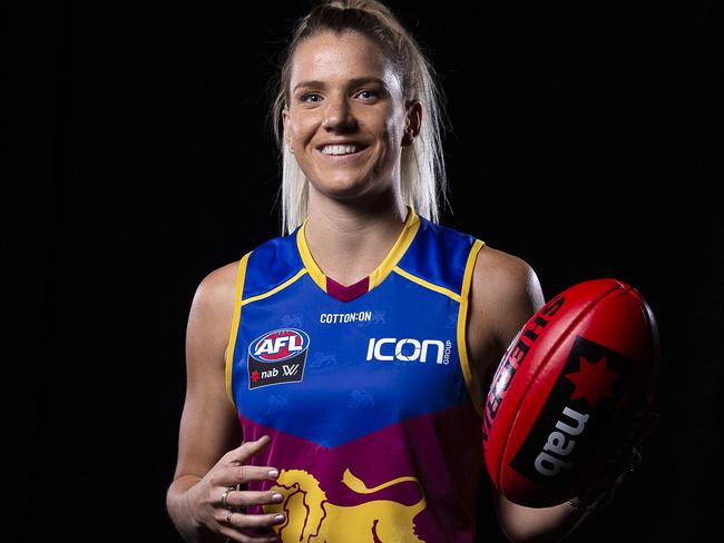 Paige Parker of the Lions poses for a photograph during the 2018 AFLW Draft at Marvel Stadium in Melbourne, Friday, October 23, 2018. (AAP Image/Daniel Pockett) NO ARCHIVING