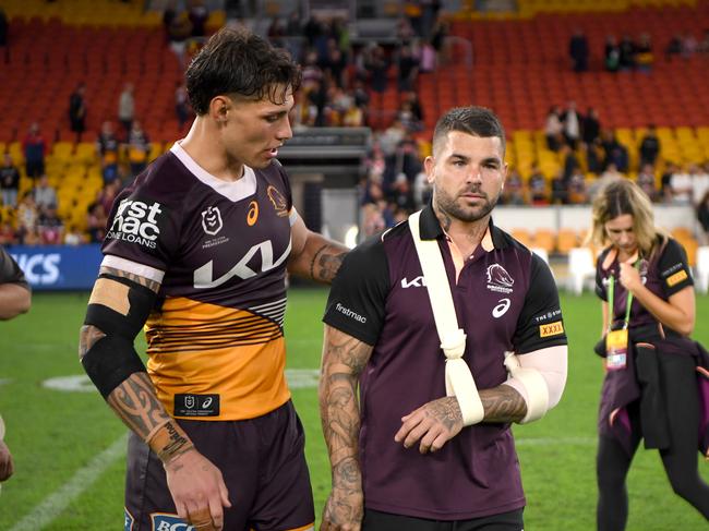 Jordan Riki consoles Adam Reynolds after the match against the Roosters. Picture: NRL Imagery