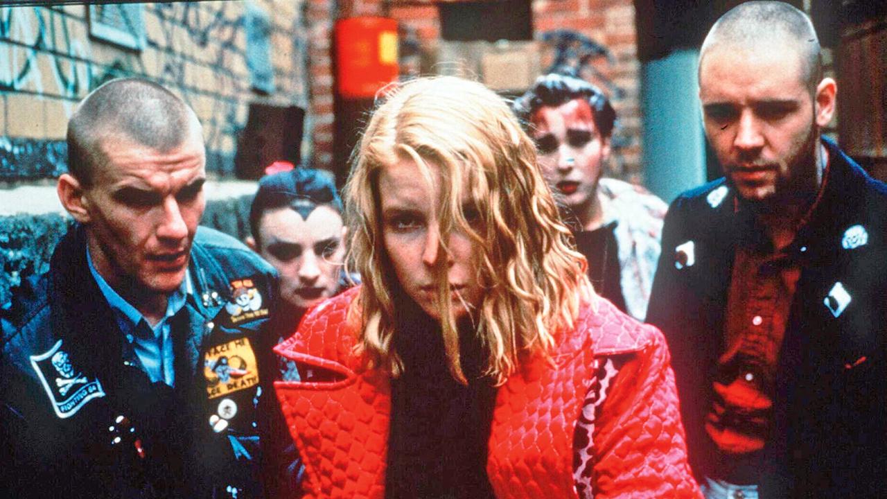 Jacqueline McKenzie and Russell Crowe (right) and Daniel Pollock (left) in Romper Stomper.