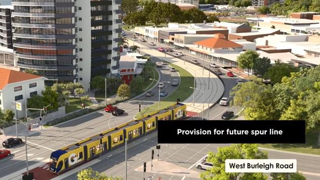 The tram at Burleigh where there is the potential for a spur line west.