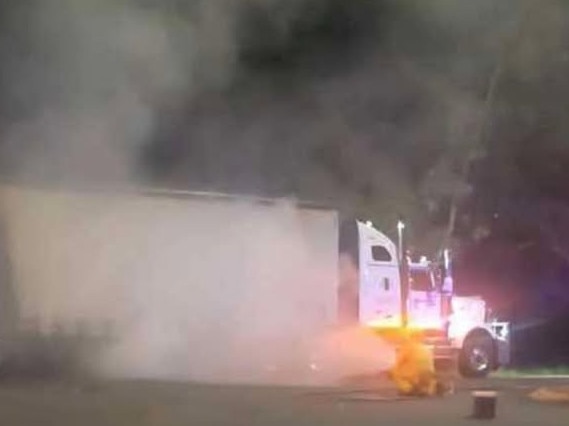 Tyres popping in a road train trailer fire in Alice Springs on Monday night, May 5, 2025, could be heard all over town. Picture: Facebook/ Action for Alice