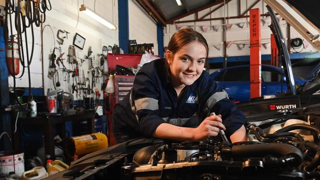 Holley Burn is studying a school based apprenticeship, working at Brian Rooney Auto Service, an automotive workshop in Somerton Park which specialises in European vehicles. Picture: Keryn Stevens