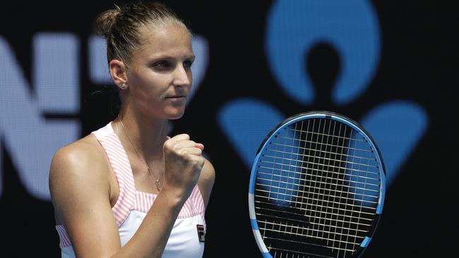 Karolina Pliskova of the Czech Republic celebrates after defeating compatriot Karolina Muchova in their first round match at the Australian Open tennis championships in Melbourne, Australia, Tuesday, Jan. 15, 2019. (AP Photo/Aaron Favila)