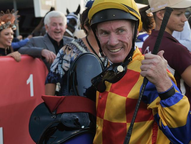 Jockey Jim Byrne approves of his victory on Kebede. Picture: AAP