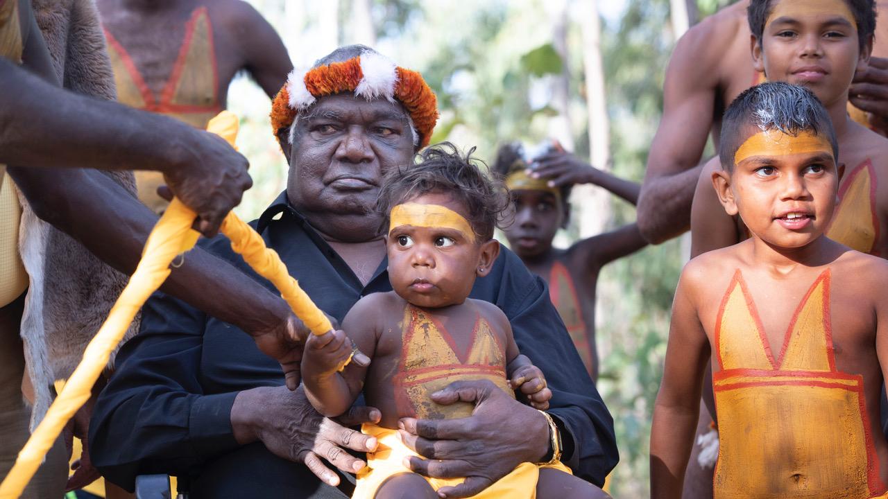 02/08/2019 Dr Galarrwuy Yunupingu and members of the Gumatj clan preparing to perform bunggul (traditional dance) at the opening ceremony of Garma Festival in Arnhem Land, NT. Photographer: Peter Eve