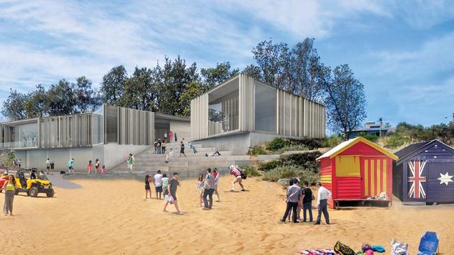 An artist’s impression of what Dendy St beach could look with a new cafe, visitor centre, lifesaving club and scenic terraces.