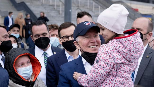 US President Joe Biden meets Ukrainian refugees at PGE Narodowy Stadium in Warsaw. Picture: Brendan Smialowski / AFP