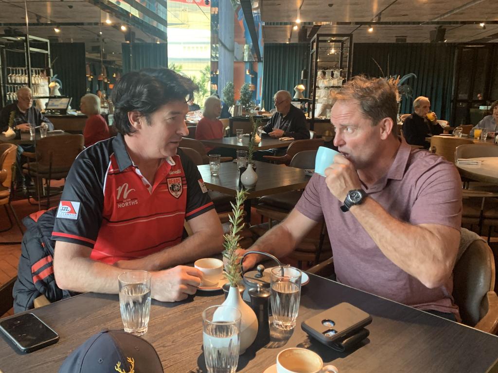 Bears chair Daniel Dickson and board member Billy Moore in Perth discussing the club’s chances of becoming the NRL’s 18th franchise. Source: Supplied