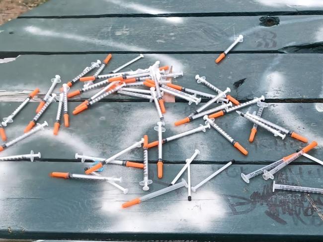 An anonymous member shared pictures to a Morwell community Facebook group of a bunch of syringes that were found at the MERA Community Park in Morwell, warning parents to stay vigilant. Picture: Facebook