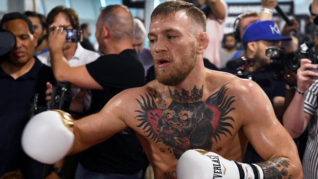 LAS VEGAS, NV — AUGUST 11: UFC lightweight champion Conor McGregor holds a media workout at the UFC Performance Institute on August 11, 2017 in Las Vegas, Nevada. McGregor will fight Floyd Mayweather Jr. in a boxing match at T-Mobile Arena on August 26 in Las Vegas. Ethan Miller/Getty Images/AFP == FOR NEWSPAPERS, INTERNET, TELCOS &amp; TELEVISION USE ONLY ==
