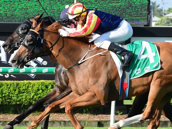 Hard Empire (Brad Stewart) guns down Jonker in the George Moore Stakes. Picture: Grant peters/Trackside Photography