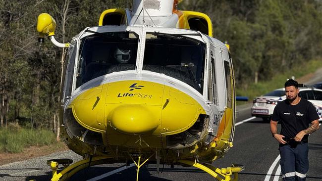 The LifeFlight helicopter landed at Mount Maria to assist a woman injured in a rollover crash.